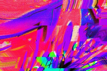 Vibrant glitch art in neon pink, blue hues. Retro 80s, trippy style, with psychedelic distortion...