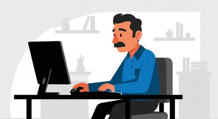 Man working on computer, vector illustration for website or presentation.