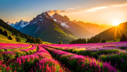 Vibrant sunset illuminates a mountain valley, filled with rows of purple wildflowers