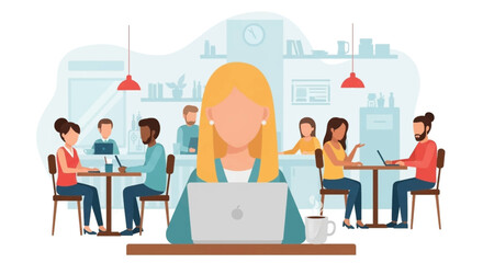 Diverse team of coworkers collaborating in a modern co-working space or cafe, ideal for websites and presentations.