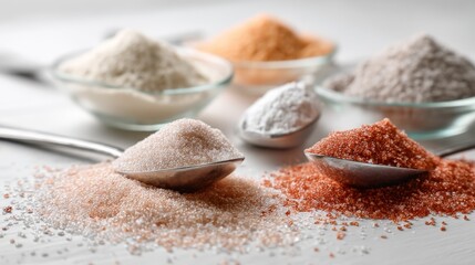 Various types of colorful salts in ceramic spoons closeup texture natural seasoning food gourmet composition