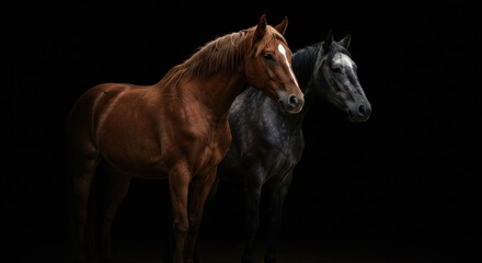 Obraz premium Elegant equine portrait featuring two horses posing gracefully in a dark setting