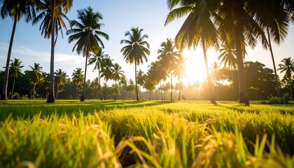 Fototapeta premium Lush rice paddy landscape at sunrise with palm trees