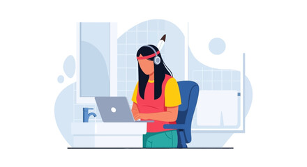 Indigenous woman working on laptop, perfect for diversity and inclusion projects.