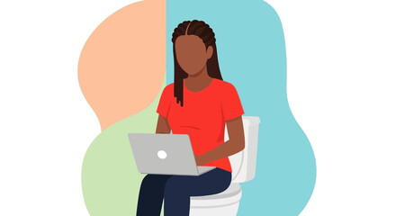 Woman working on laptop while sitting on toilet - modern illustration for blog, article or social media.