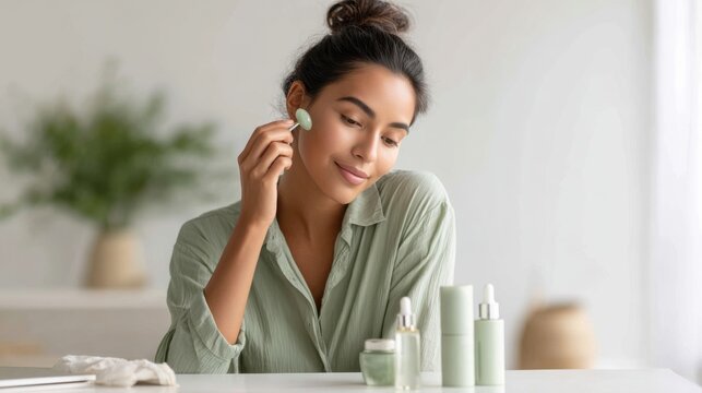 indian beautiful woman using jade roller on face skin
