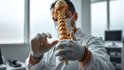 Healthcare professional demonstrates anatomical spine model, giving a thumbs-up for medical education.
