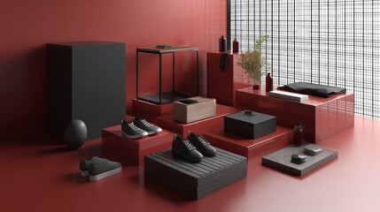 Fototapeta premium Modern tech gadgets in red room setup digital lifestyle headphones speakers wireless innovation futuristic decor