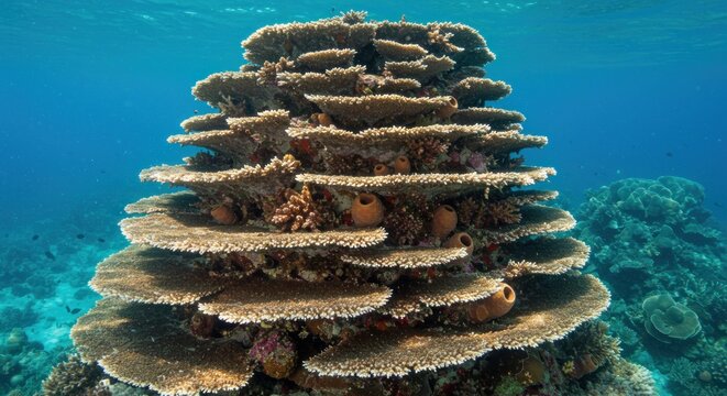 Intricate underwater tableau showcases a tiered coral structure amidst a vibrant reef system