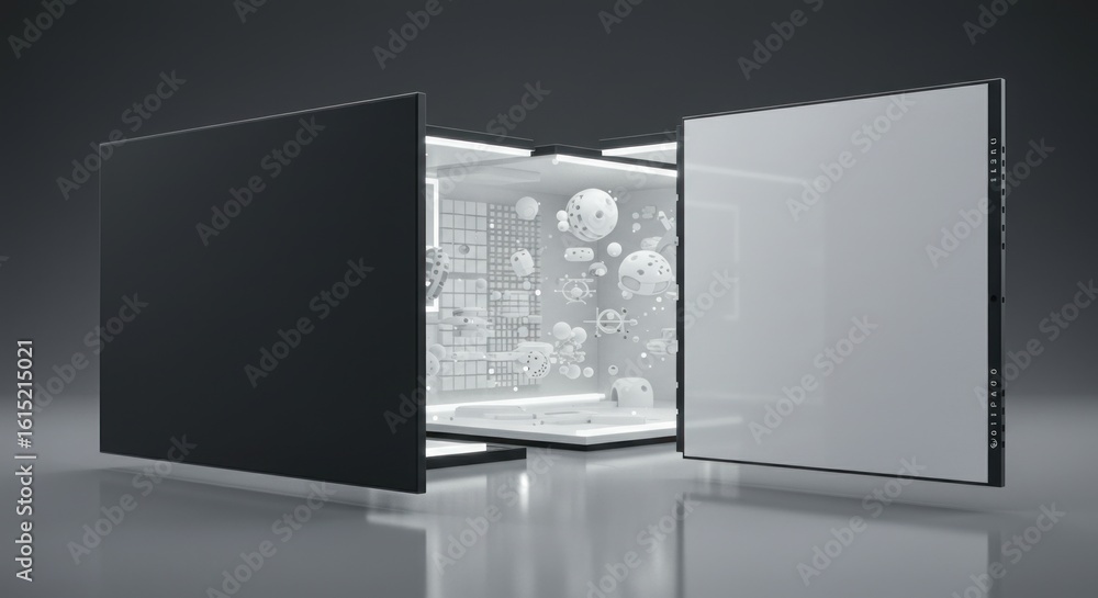 Poster minimalist abstract composition featuring a reflective cube with floating spherical structures