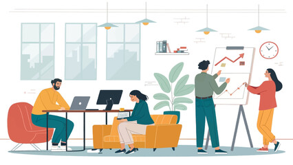 Teamwork in a modern office:  A diverse group collaborates on a project, perfect for business presentations or website landing pages.
