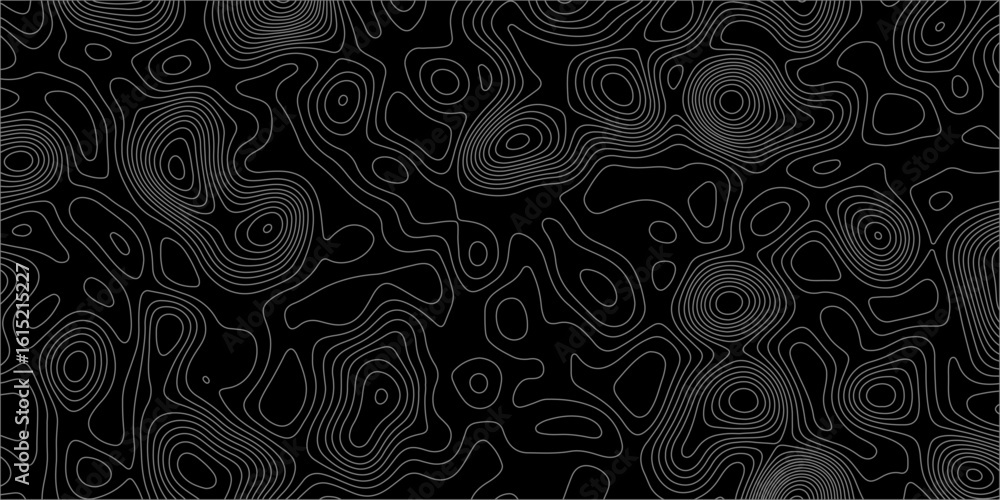 Poster abstract white on black background with topographic line map pattern. abstract wavy and curved lines