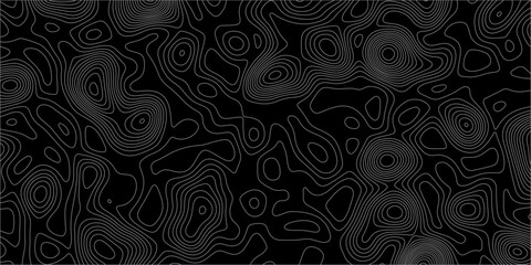 Abstract white on black background with Topographic line map pattern. abstract wavy and curved lines background. linear map. Dark seamless design. Bold tile able isolines pattern. Vector illustration.
