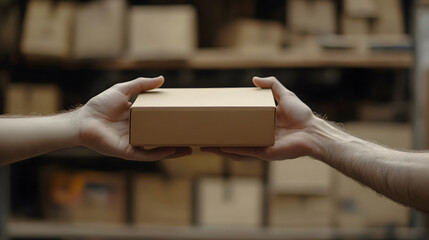Two hands firmly holding a brown cardboard box in the foreground with a blurred background of stacked packages, capturing the movement and handling process in a busy warehouse setting.