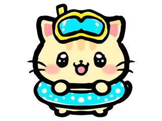 浮き輪をつけたかわいいトラ猫の落書き風イラスト素材2
