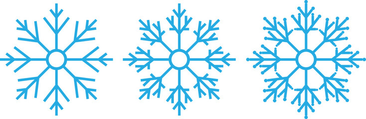 Blue geometric snowflake vector icons in minimal winter style. Perfect for Christmas, holiday, seasonal decorations, and digital design. Crisp frozen crystal shapes for cold weather themes.