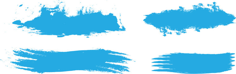 Set of blue paint brush stroke textures in grunge style. Artistic ink smear elements ideal for banners, highlights, and creative design. Isolated bold acrylic splatter illustrations.