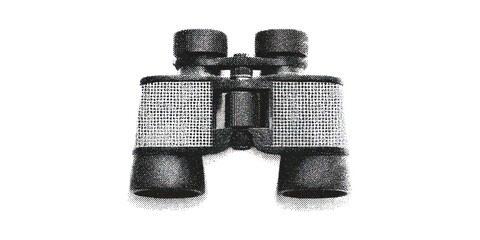 Vintage Binoculars In Halftone. Retro Optical Instrument For Exploration Illustration Isolated On Transparent Background