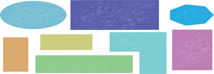 Colorful chalk texture geometric shapes including rectangles, oval, and polygon. Hand-drawn crayon style abstract design elements for playful backgrounds and creative graphic layouts.