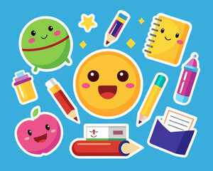Cute School Supplies and Stationery Stickers on a Blue Background