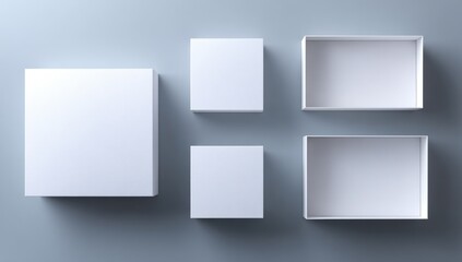 White boxes arranged on light blue. Three are closed, and two are open to showcase their interiors. Shadowing creates depth