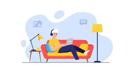 Man working from home on laptop, wearing headphones, relaxing on couch. Perfect for blog posts, website banners, or social media.