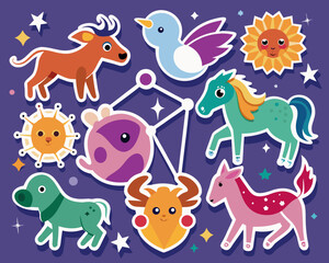 Naklejka premium Cute Cartoon Zodiac Animals and Celestial Bodies on Purple Background
