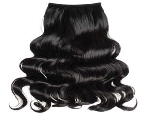  Front View of Black Loose Straight Wavy Hair Extension with Natural Shine, Transparent Background PNG