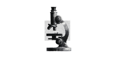 Vintage Microscope In Halftone. Scientific Instrument Illustration Isolated On Transparent Background