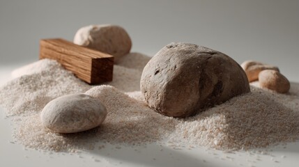Fototapeta premium Stones and sand displayed in natural minimal scene calm zen concept earth tone background styling tranquility