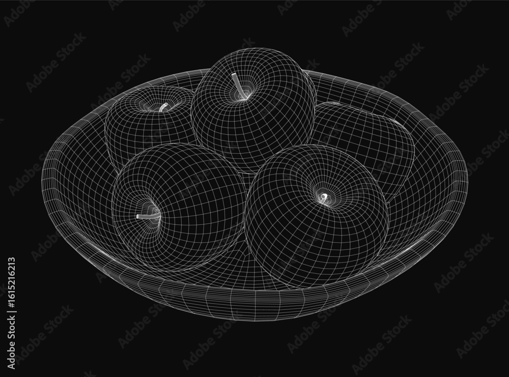 Poster a 3d wireframe bowl overflows with apples arranged symmetrically on a black background. each apple f