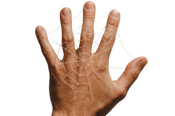 A close-up of a hand, showing a web pattern delicately woven around the fingers, symbolizing intricacy and connection.