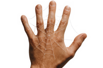 A close-up of a hand, showing a web pattern delicately woven around the fingers, symbolizing intricacy and connection.