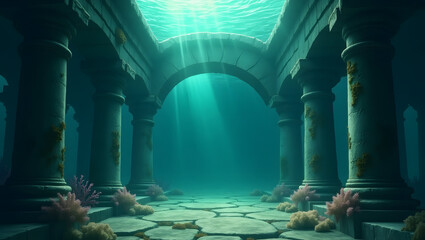 Sunken Ancient Underwater Ruins Illuminated by Ocean Shaft Light