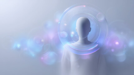 Abstract faceless white human surrounded by glowing rings.