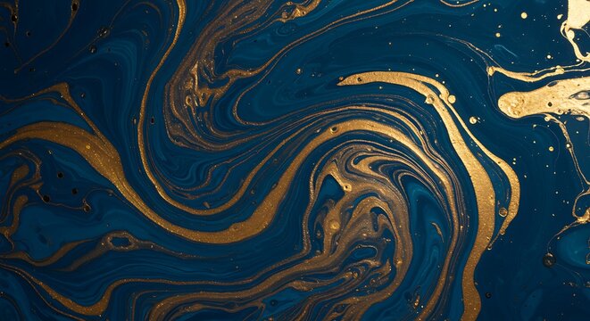 Luxury abstract fluid art background with swirling deep blue and metallic gold ink creating an elegant liquid marble texture with glitter.