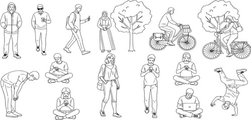 CAD Drawings. Set people outlines isolated on white background. Sitting, walking, dancing, etc. Vector illustration