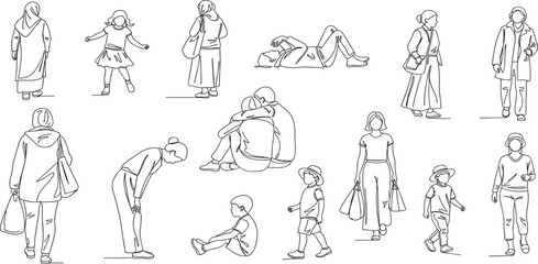 CAD Drawings. Set people outlines isolated on white background. Sitting, walking, dancing, etc. Vector illustration