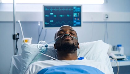 A man rests in a hospital bed, connected to medical equipment