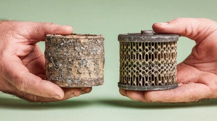 Fototapeta premium Hands holding a clogged filter cartridge next to a new one, showing how groundwater quickly ruins unsuitable filters