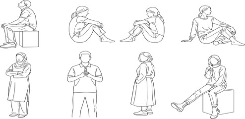 CAD Drawings. Set people outlines isolated on white background. Standing, sitting, etc. Vector illustration