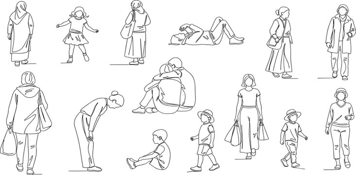 CAD Drawings. Set people outlines isolated on white background. Sitting, walking, dancing, etc. Vector illustration