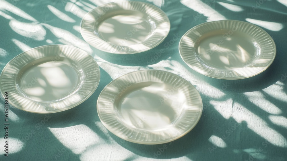 Poster ceramic plates casting artistic round shadows on white surface minimal geometry light and shadow com