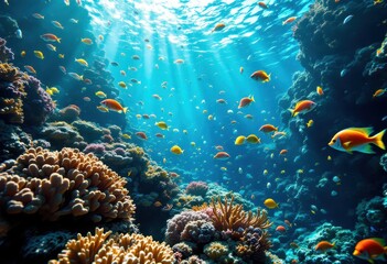 Obraz premium Vibrant coral reef teeming with colorful fish.