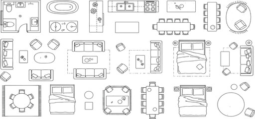 Furniture outline top view. Floor plan icons set for design interior and architectural project. Furniture thin line icon in top view for layout.