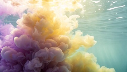 A stunning visual symphony of colorful paint splashes underwater, showcasing the ethereal beauty of yellow, orange, and hints of violet hues mixing and expanding