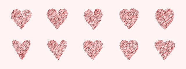 Heart scribbles sticker set, hand drawings, doodle pen romantic design elements, Valentine Day holiday decorations, love symbols. Vector illustration.
