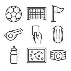 Soccer Match Essentials. Line style icons of Soccer Match Day: soccer ball, goal net, corner flag, referee whistle, yellow card,