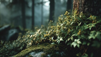 Enchanted forest floor with lush foliage and diffused light ambiance