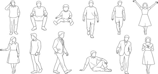 People line cad art. Vector illustration of men, women, and kid standing walking talking in front back and side view. Symbol for architecture and landscape design drawing.
